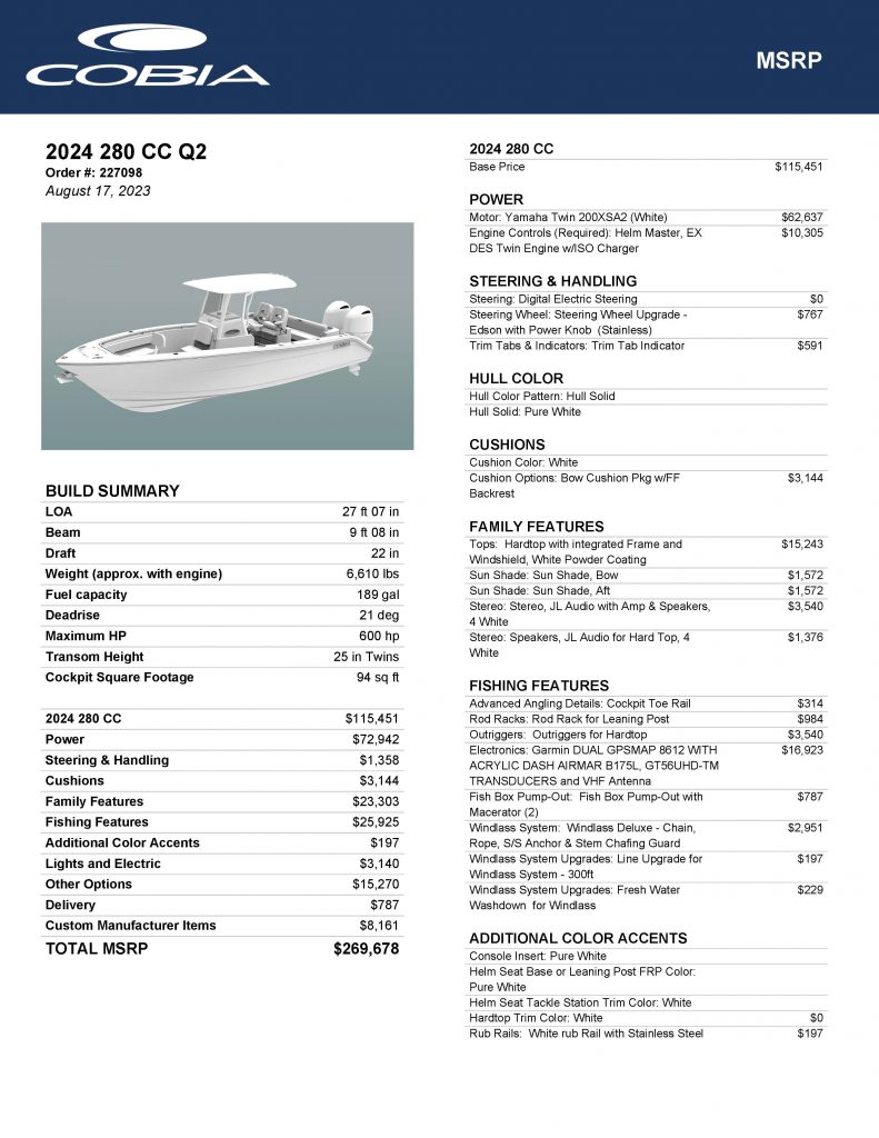 Msrp 227098 Cobia 280 Cc Page 1